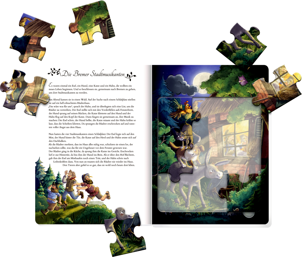 Aufgeschlagenes Kinderbuch mit Text und Illustration der Bremer Stadtmusikanten, umgeben von mehreren passenden Puzzleteilen.