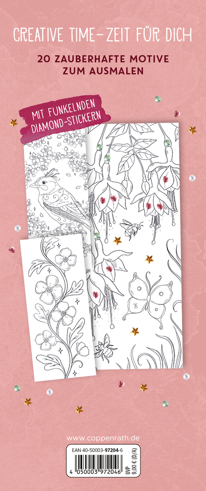 Malbuch-Rückseite mit beispielhaften Malvorlagen mit einem Vogel, Blumen, Schmetterling und Funkelstickern auf rosafarbenem Hintergrund