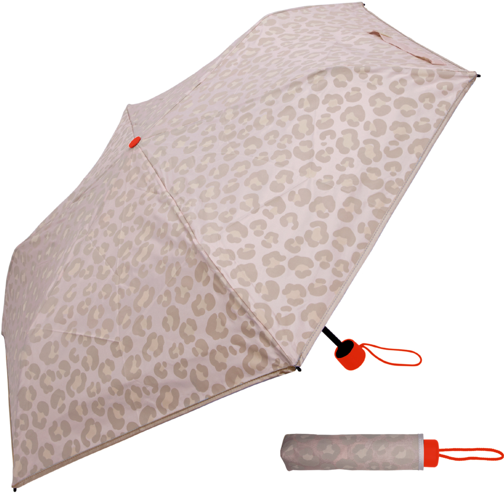 Beiger Taschenschirm mit hellbraunem Leopardenmuster und orangefarbenen Details, daneben passende Schutzhülle.