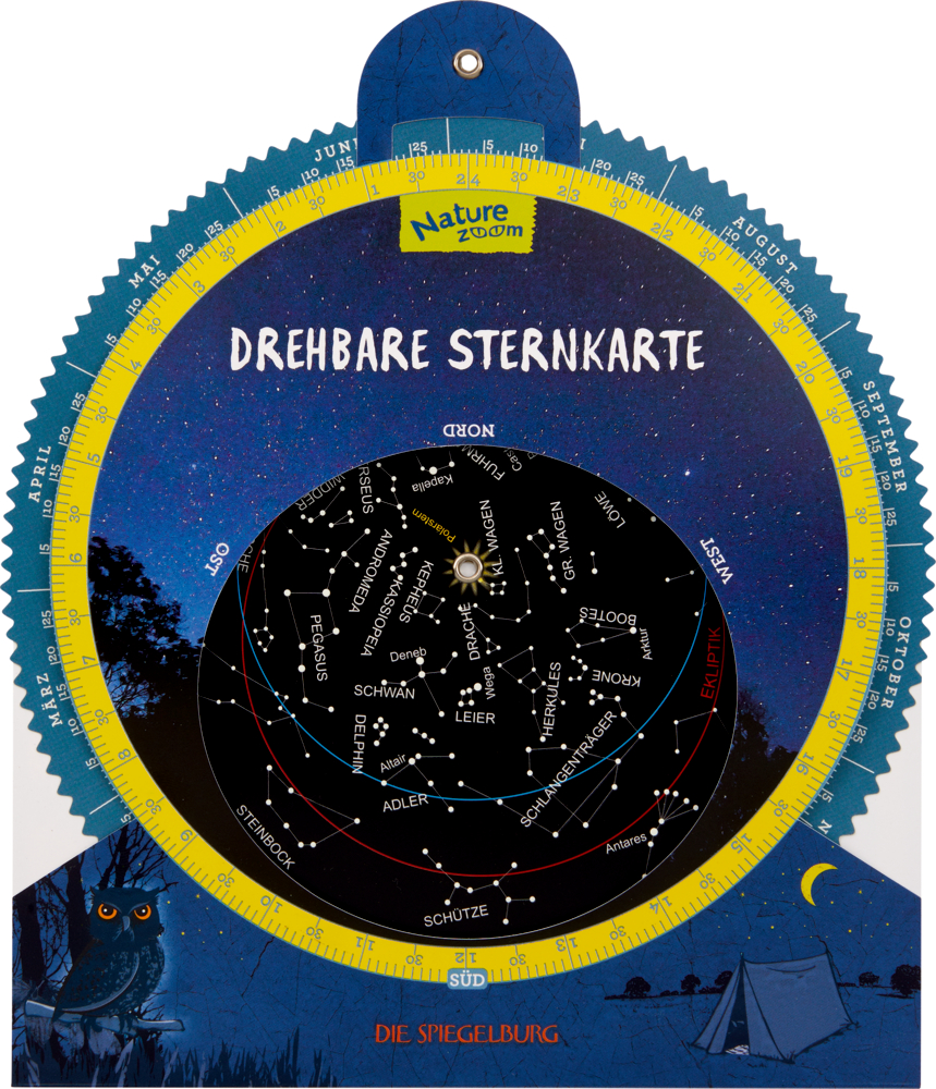 Kreisförmige dunkelblaue Sternenkarte mit Sternbildern, Bäumen, einer Eule und einem Zelt unten abgebildet.