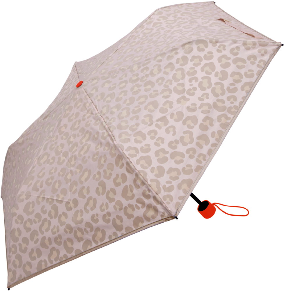 Beiger Taschenschirm mit hellbraunem Leopardenmuster und roter Schlaufe am Griff.
