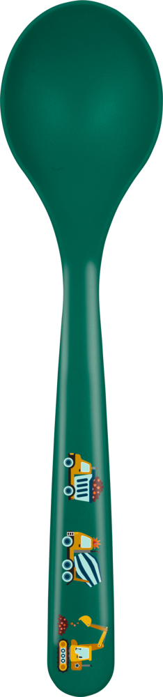 Grüner Löffel mit Baufahrzeug-Illustrationen auf dem Griff.