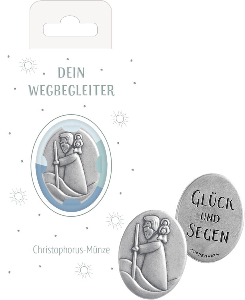 Ovale Christophorusmünze mit „Glück und Segen“; Auf der Karte steht: „Dein Wegbegleiter.
