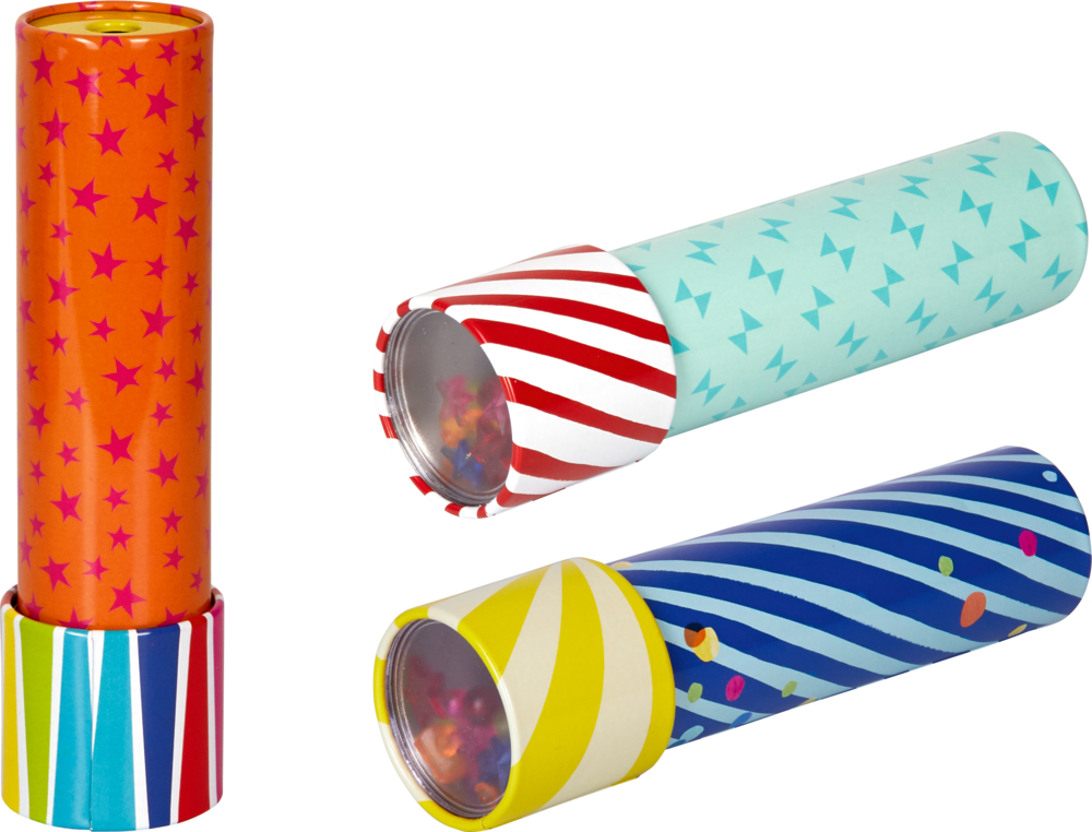 Drei farbenfrohe Spielzeugkaleidoskope mit Stern- und Streifenmustern in Orange, Blau und Hellblau.