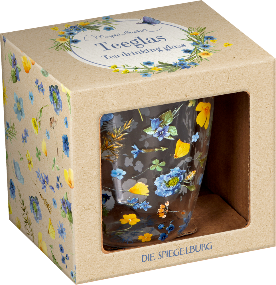 Teetasse aus Glas mit farbenfrohem Blumenmuster, verpackt in einer dekorativen Schachtel mit der Aufschrift „Teetrinkglas“.