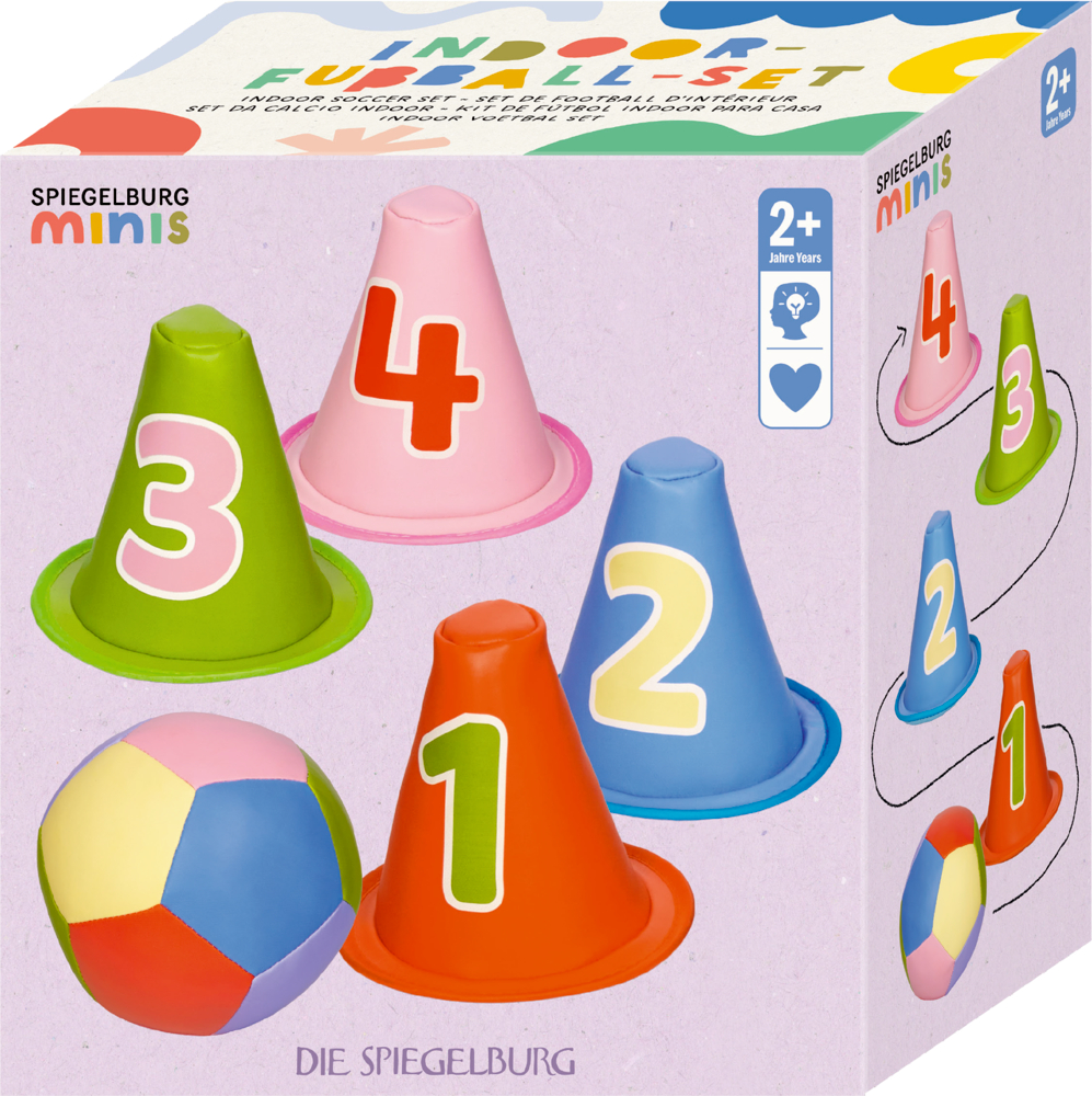Verpackung mit buntem Ball und vier farbigen Hütchen in Rot, Blau, Grün und Rosa, jeweils mit den Zahlen 1 bis 4.