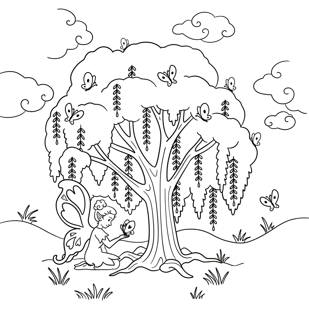 Zeichnung einer Fee mit Schmetterling unter einem Baum mit hängenden Zweigen und weiteren Schmetterlingen in der Umgebung.
