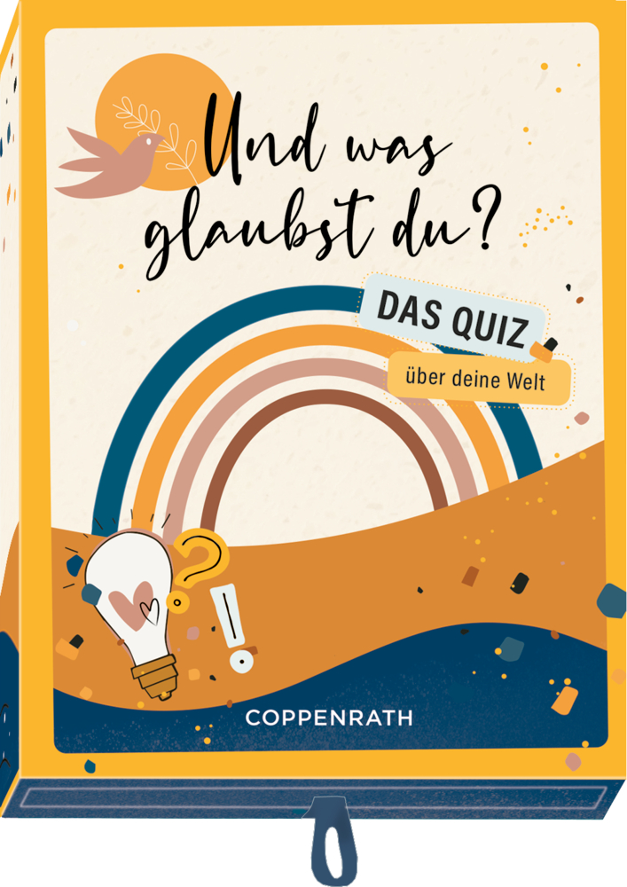 Bunte Quizspielbox mit  Titel „Und was glaubst du? Das Quiz über deine Welt“ und einer Glühbirnenillustration.