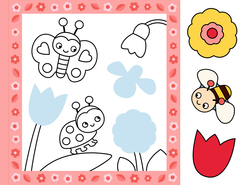 Bastelseite mit Cartoon-Schmetterling, Marienkäfer, Blumen sowie ausgeschnittene Bienen- und Tulpenstücke an der Seite.