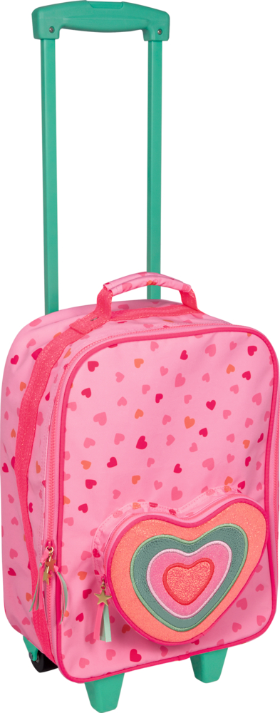 Rosa Kinder-Trolley mit Herzmuster, türkisenen Griff, türkisenen Rollen und herzförmiger glitzerder Vordertasche in Pink-, Rot- und Türkistönen.