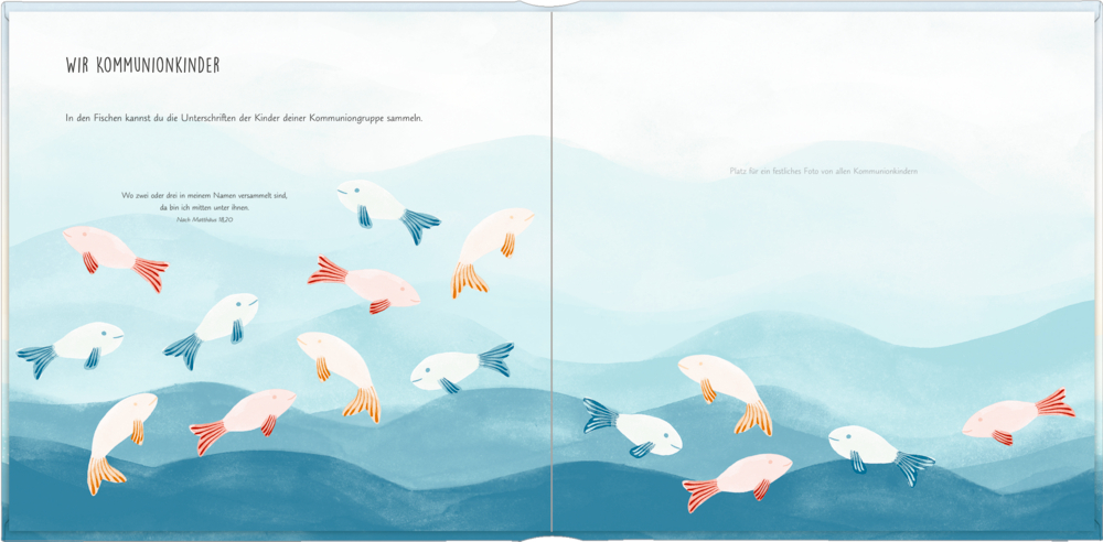 Pastellfarbene Fische schwimmen im blauen Wasser mit Text in der oberen linken Ecke.
