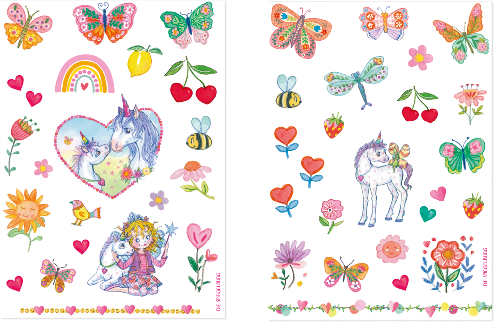 Bunte Tattoos mit Einhörnern, Blumen, Herzen, Schmetterlingen, Bienen, Früchten, Regenbogen und einem Mädchen mit Einhorn auf zwei Bögen.
