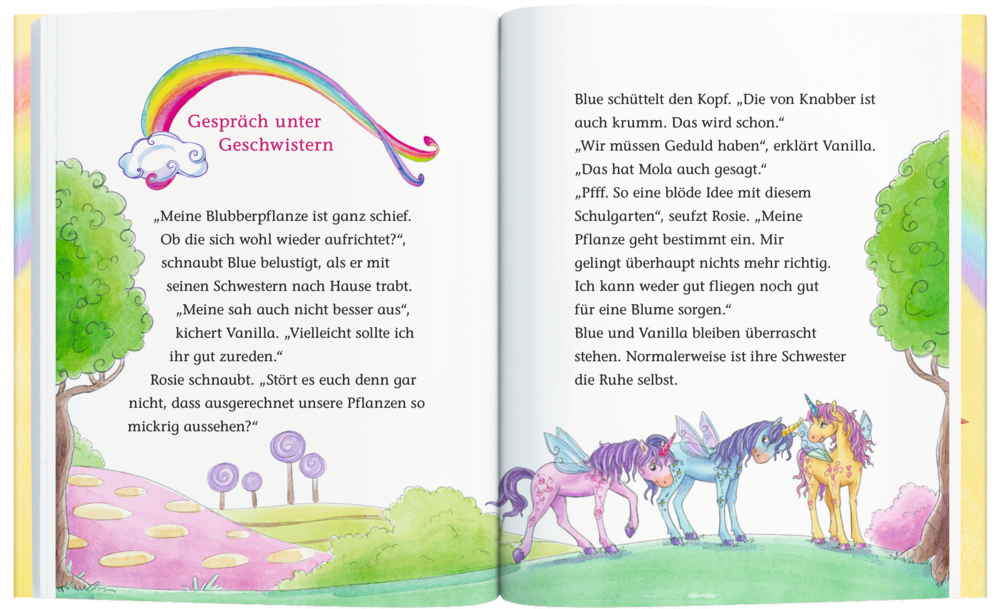 Drei bunte Einhörner unterhalten sich unter einem Regenbogen neben einem Blumengarten.