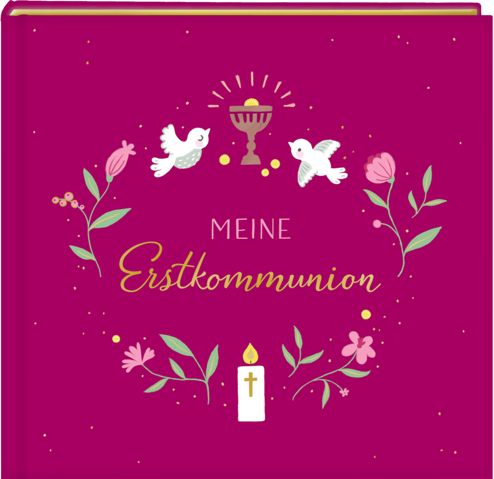 Pinkes Einband mit Tauben, Blumen, Kerze, Kelch und dem Text „Meine Erstkommunion“.