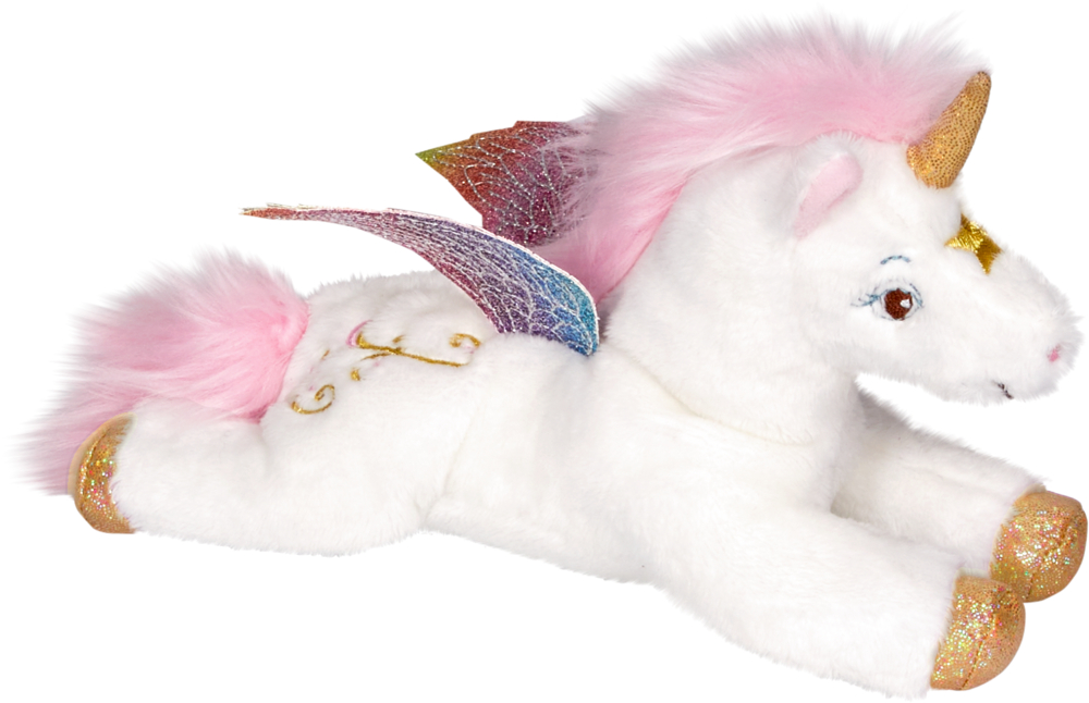 Plüschiges weißes Einhornspielzeug mit rosa Mähne, Regenbogenflügeln und goldenem Horn, liegend.