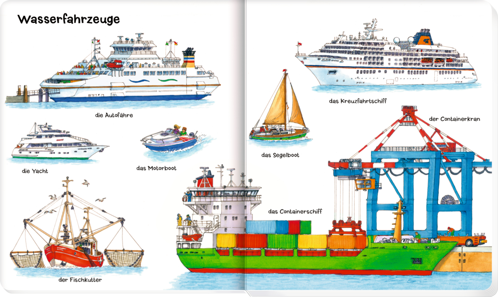 Abbildungen von Wasserfahrzeugen: Schiffe, Boote, eine Yacht und ein Containerkran.