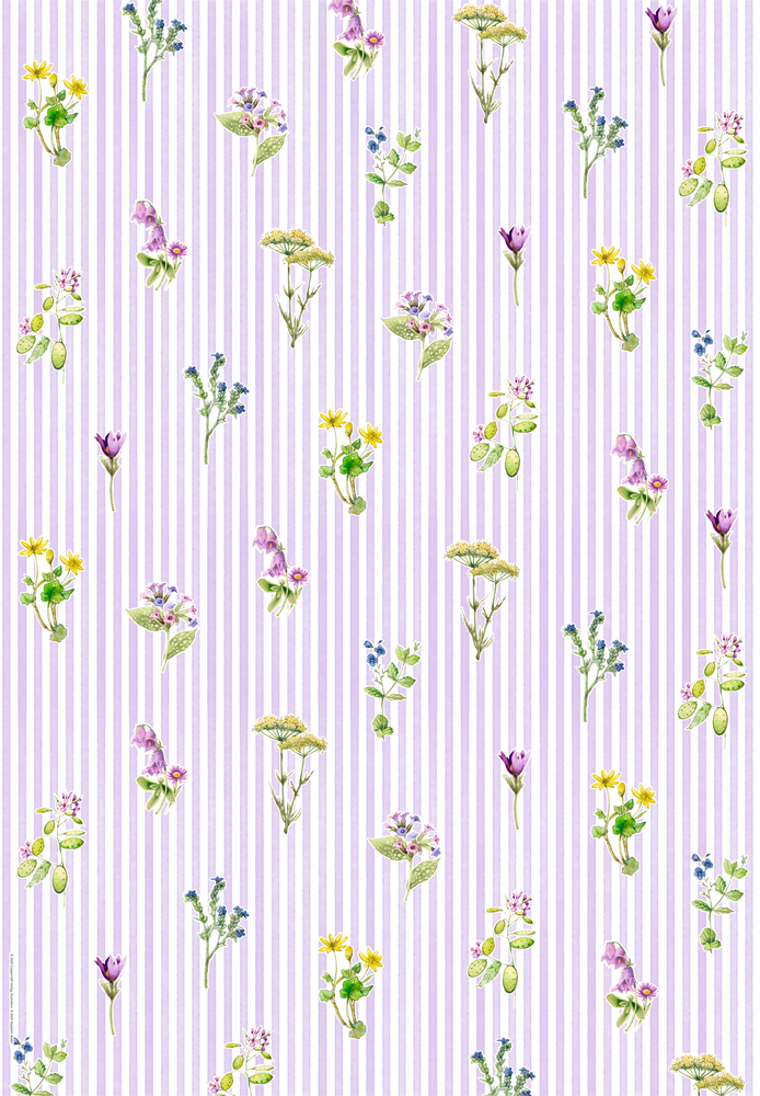 Gelbe, violette und weiße Aquarellblumen auf einem lavendelfarbenen und weiß vertikal gestreiften Hintergrund.