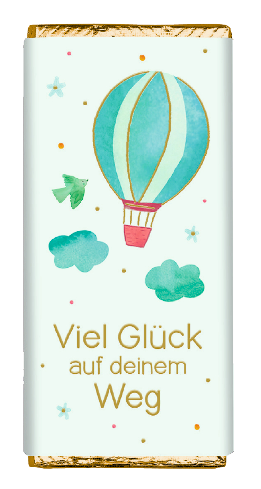 Hellblaue Schokoladenverpackung mit Heißluftballon, Vogel, Wolken und goldener Schrift "Viel Glück auf deinem Weg".