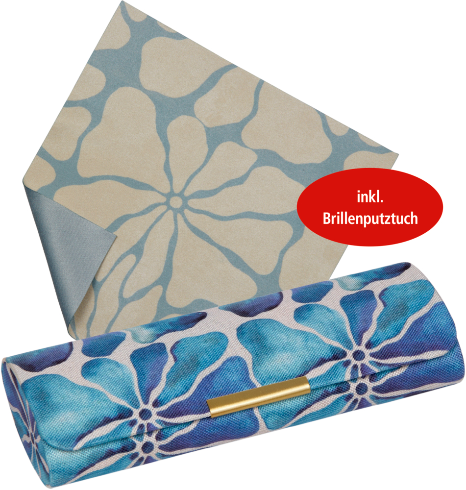 Brillenetui mit blauem Blumenmuster und passendem Brillenputztuch; rotes Etikett mit der Aufschrift „inkl. Brillenputztuch“.