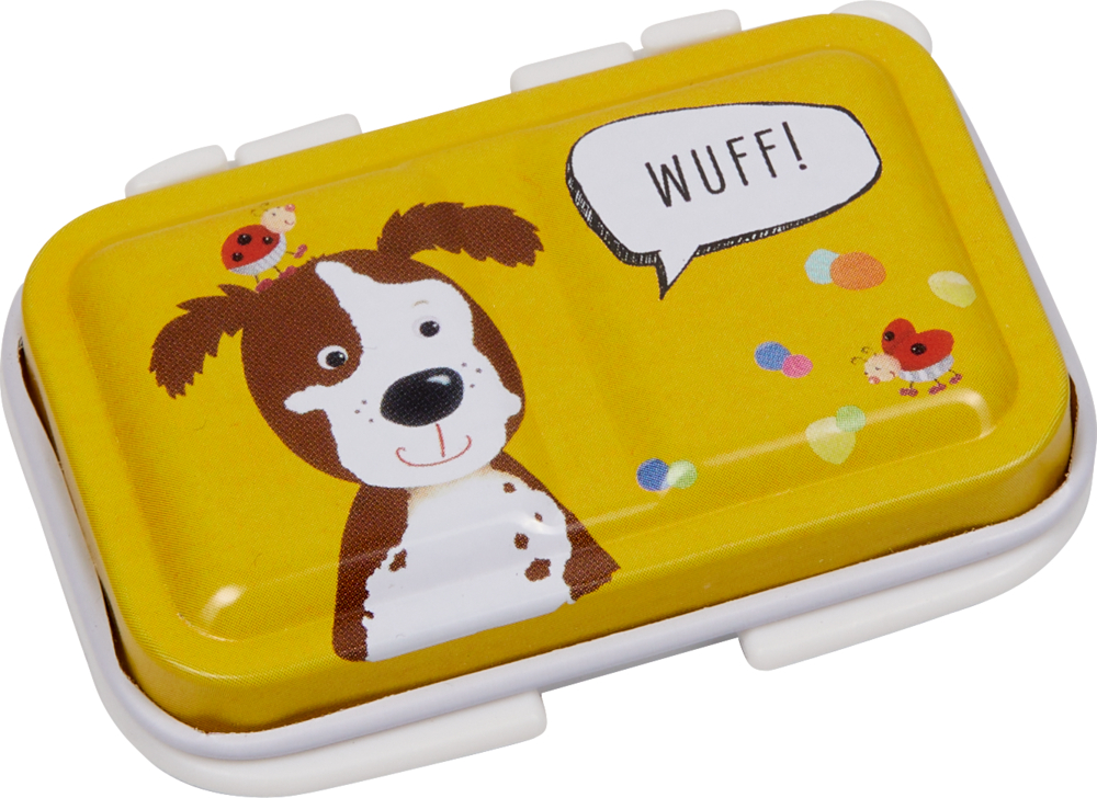 Kleine, gelbe Blechdose mit einer freundlichen Hundeillustration, einer kleinen Käfer und einer „Wuff!“-Sprechblase.