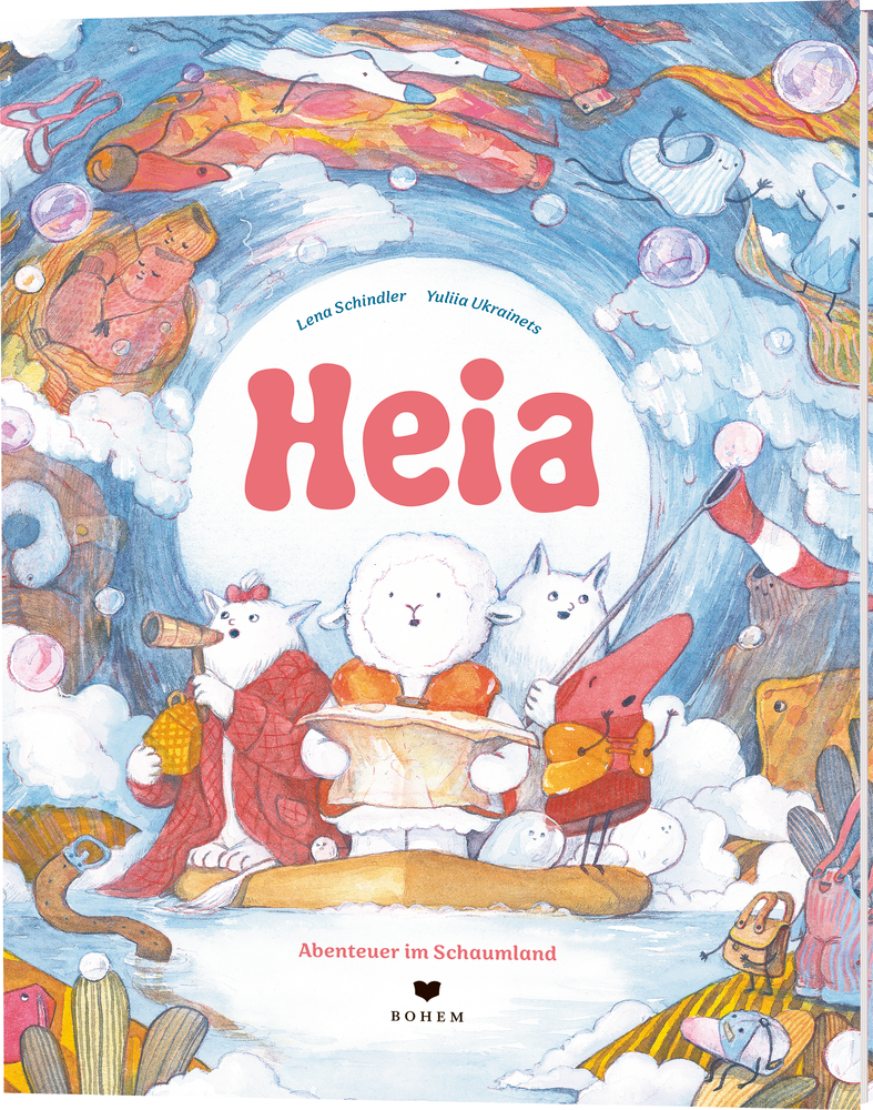 Buchcover: Tierfiguren, Seifenblasen und Schaum. Titel „Heia“ in Rot auf weißem Hintergrund.