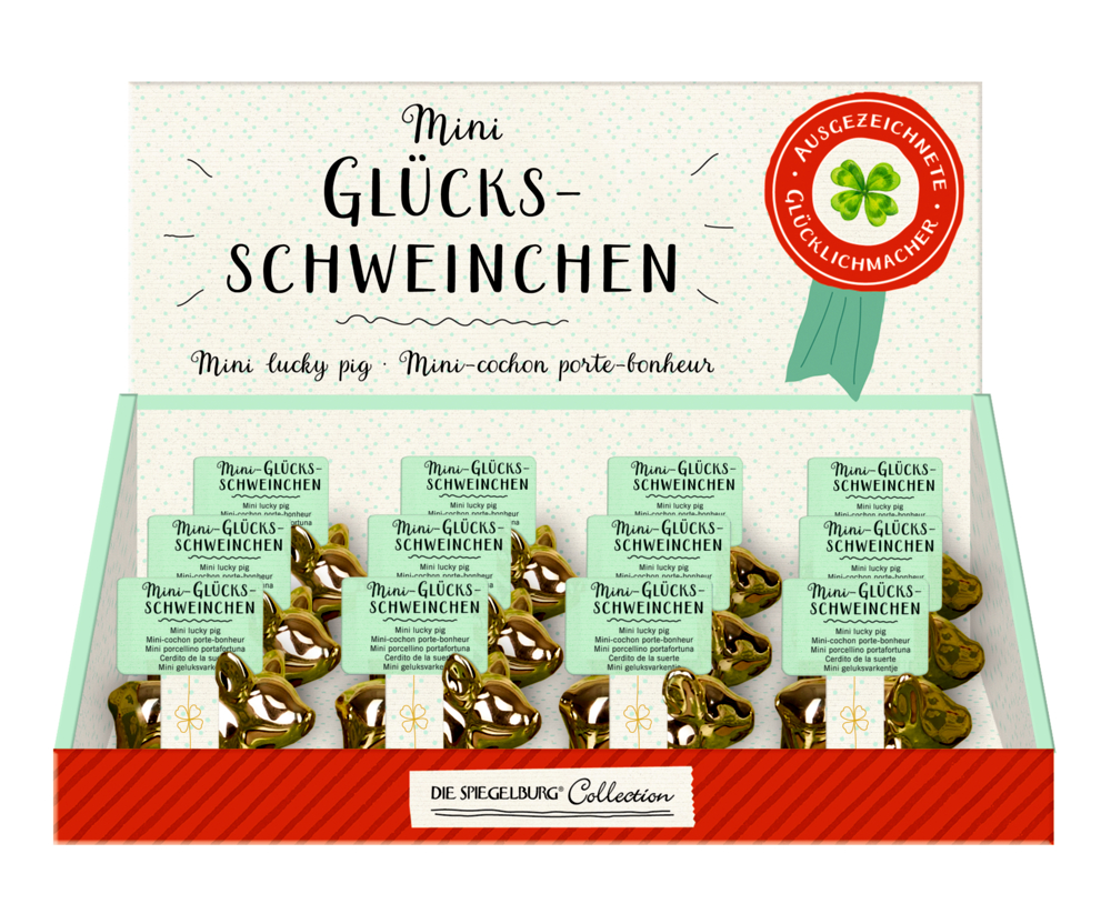 Papp-Display mit kleinen goldenen Schweinefiguren.
