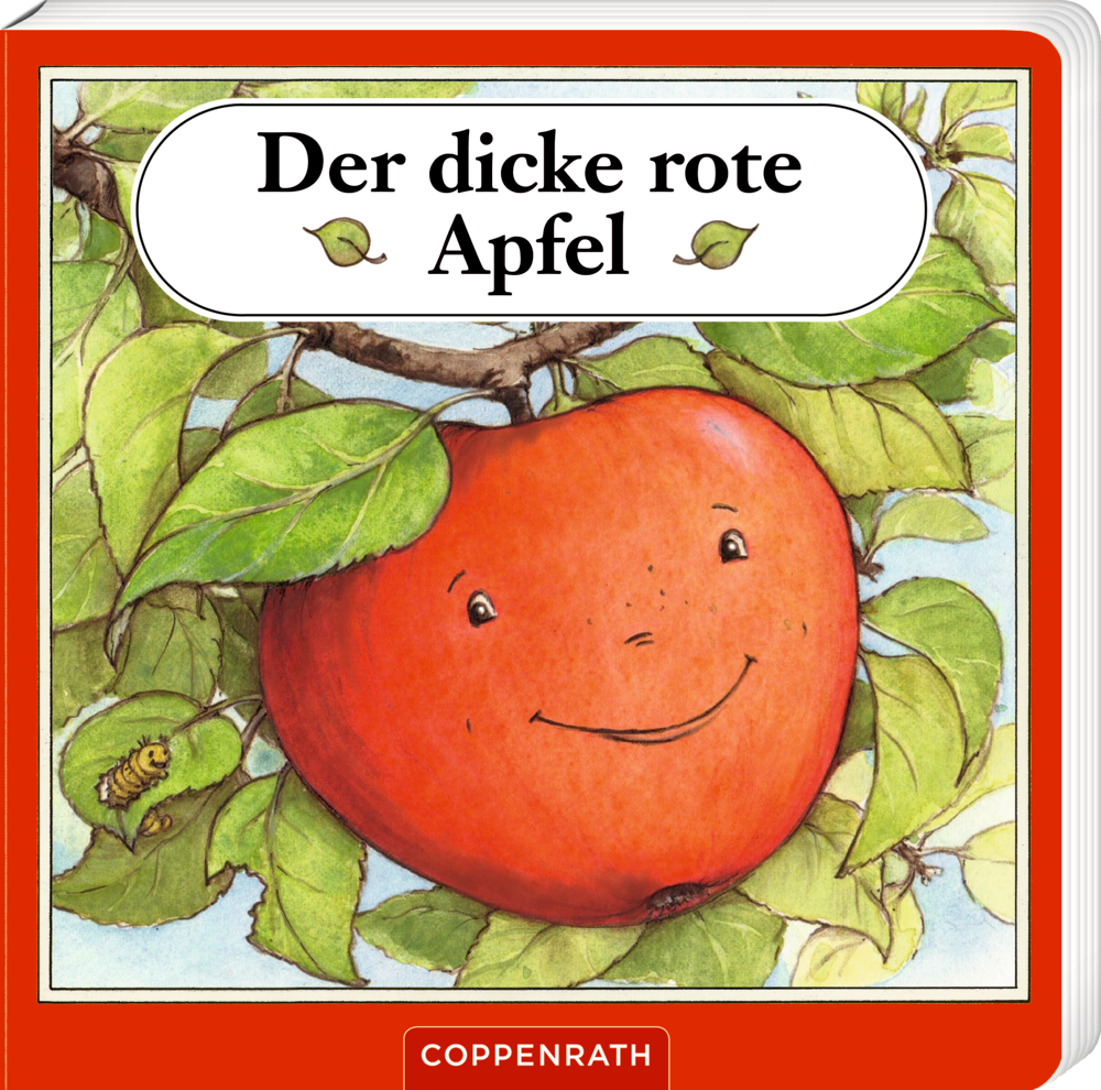 Lächelnder roter Apfel mit Blättern auf einem Zweig, darüber der Titel des Covers „Der dicke rote Apfel“.