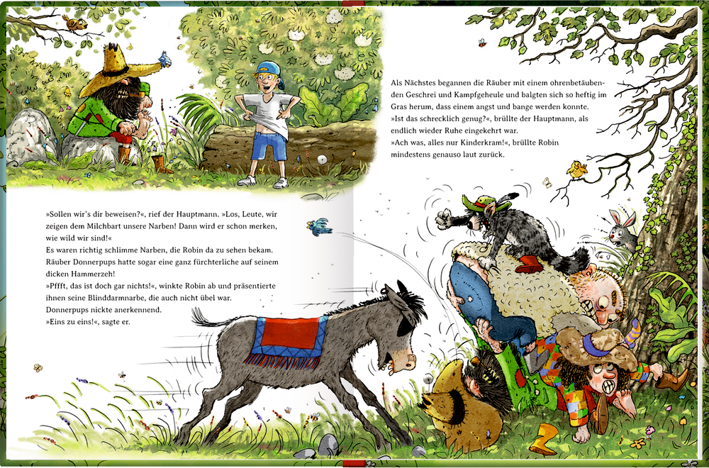 Räuber und ein Esel toben ausgelassen in der Natur.