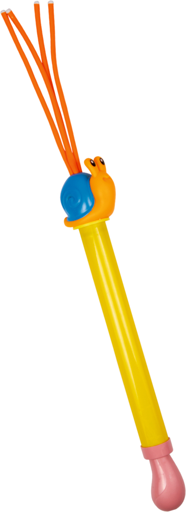 Gelber Stab mit einer orangefarbenen Schnecke und orangefarbenen Fransen.