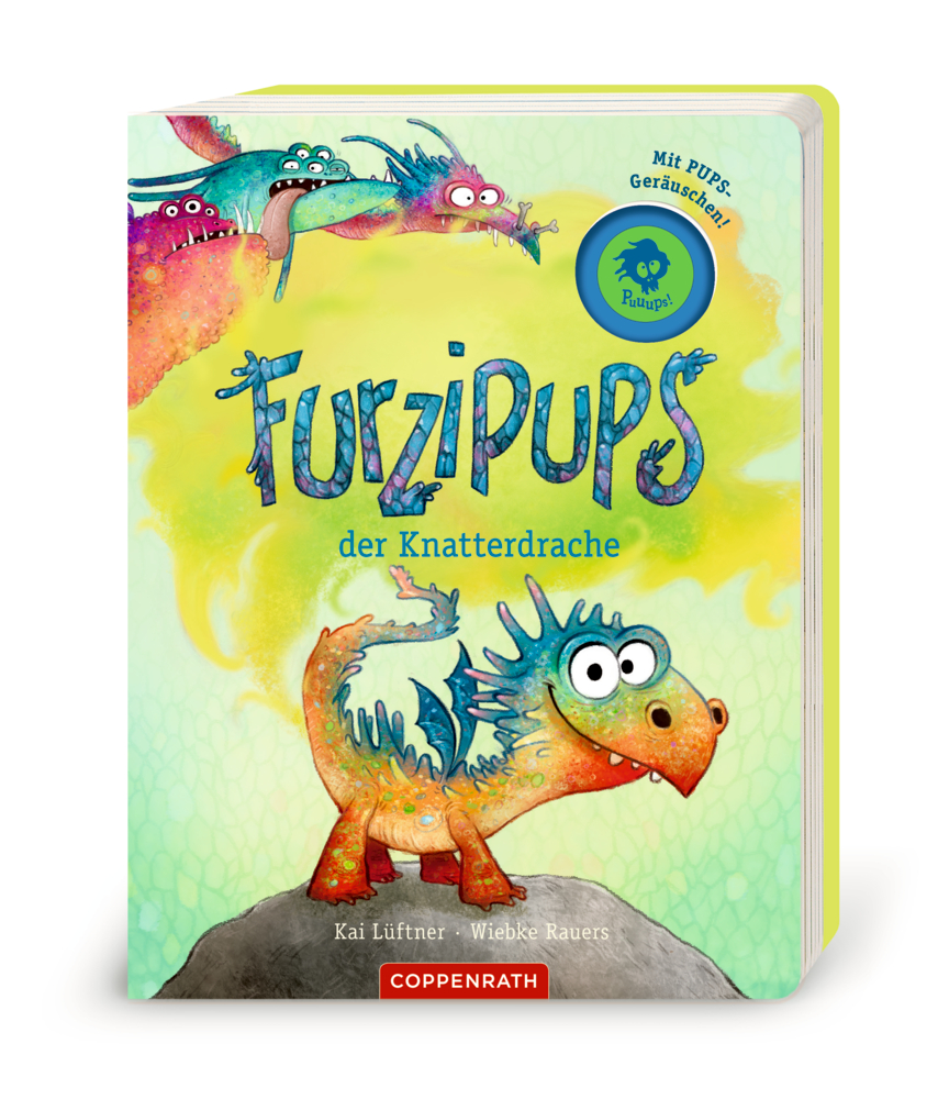 Farbenfrohes Kinderbuchcover mit buntem Drachen und dem Titel „Furzipups der Knatterdrache“.