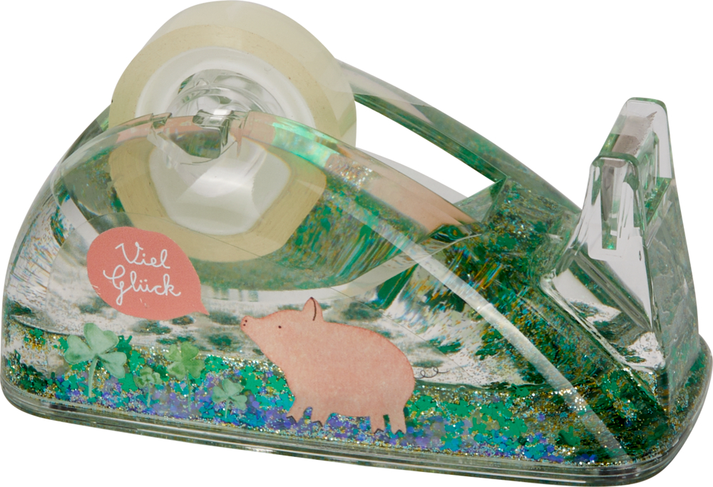 Transparenter Klebebandspender mit einem rosa Schwein, Kleeblättern und dem Text „Viel Glück“ an der Seite.