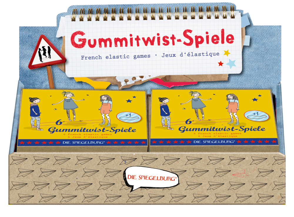 Farbenfrohe Aufstellerbox für Gummispiele mit verspielten Kinderillustrationen.
