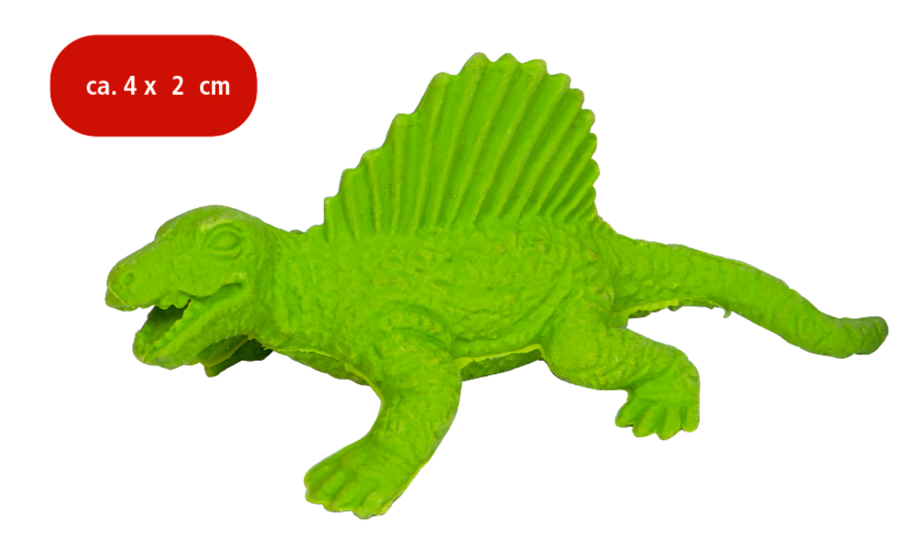 Kleine grüne Dimetrodonfigur mit Rückenkamm, etwa 4 x 2 cm groß.