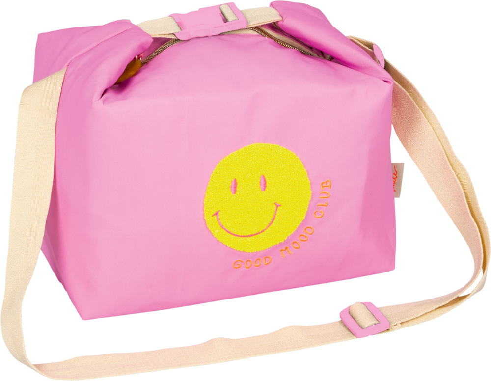 Pinkfarbene Tasche mit gelbem Smiley und Good Mood Club Text, beigem Träger und Reißverschluss.