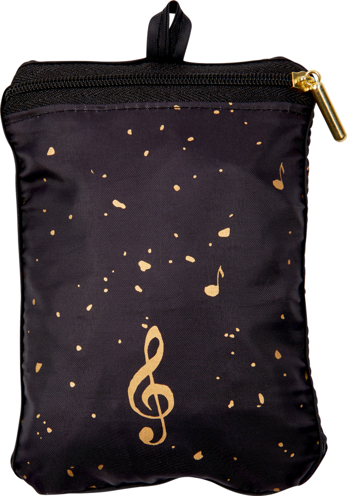 "Einkaufstasche im verstauten Zustand: Schwarze Tasche mit Reißverschluss, verziert mit goldenen Musiknoten und einem Violinschlüssel."