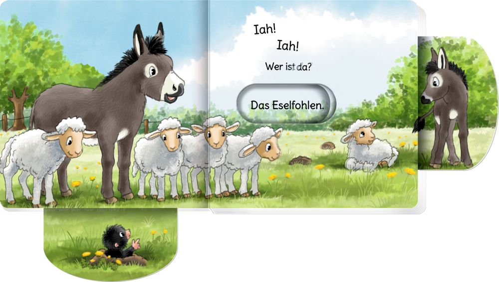 Ein Esel und fünf Lämmer stehen auf einer Wiese. Im Bild steht Text: Wer ist da? Das Eselfohlen.