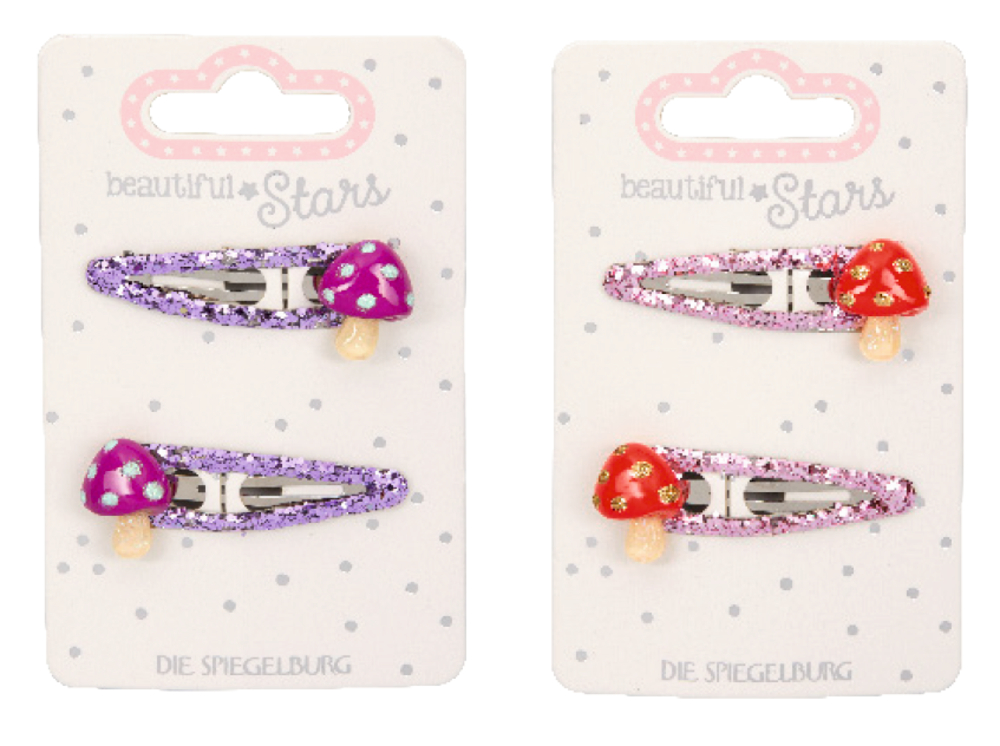 Zwei Trägerkarten mit je 2 glitzernden Haarspangen mit Pilzverzierung.