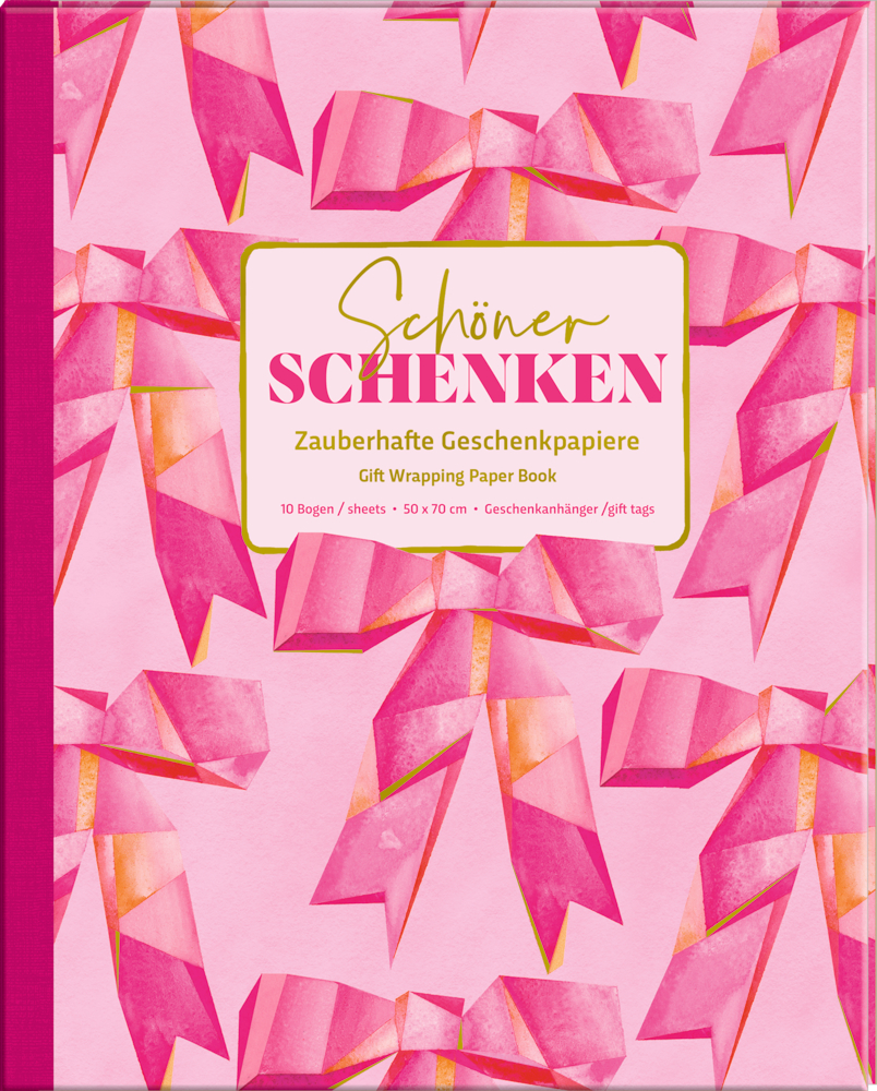Rosafarbenes abstraktes Geschenkpapierbuch mit goldenem Text auf rosa gemustertem Hintergrund.