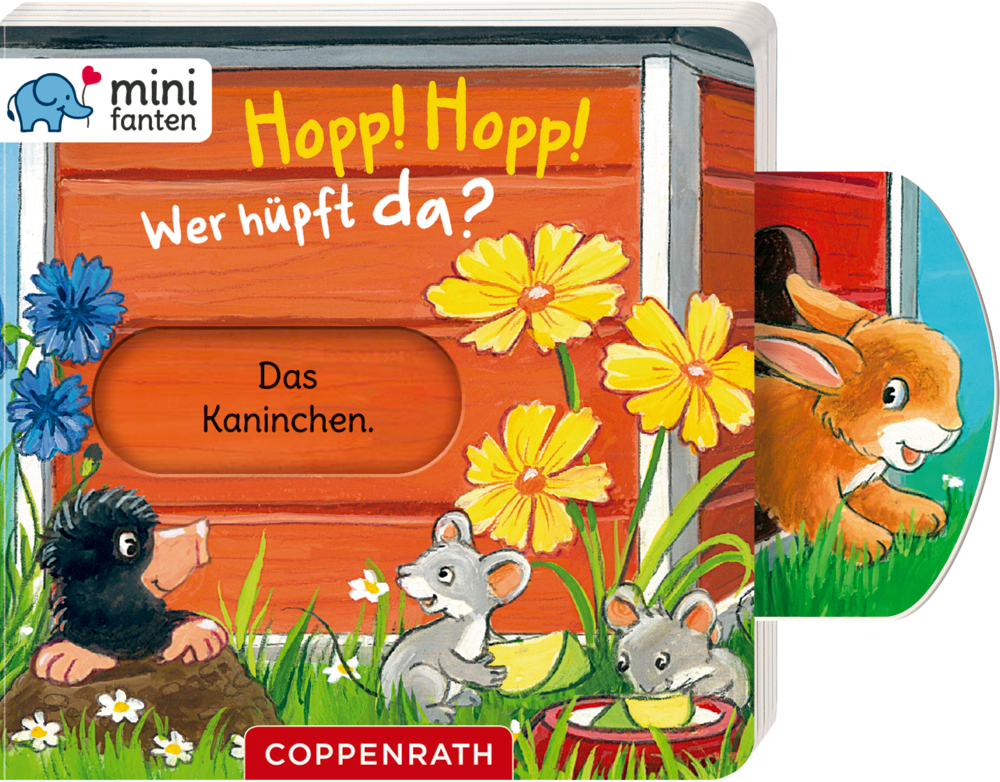 Lebendiges Kinderbuchcover mit Tieren, Blumen und einem Kaninchen, das rechts auf einem Schieber aus einem Holzstall herausschaut.