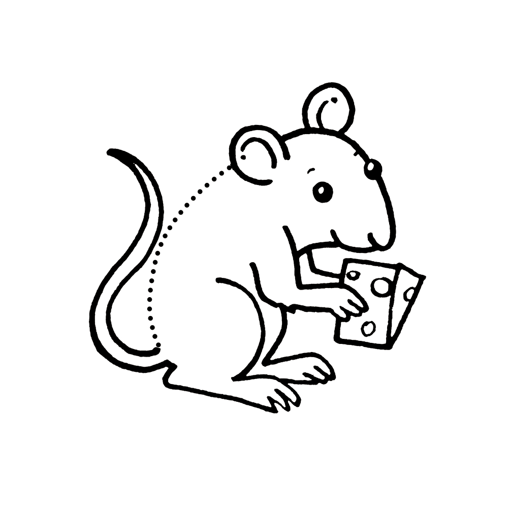 Maus mit langem Schwanz und StÃ¼ck KÃ¤se zum Ausmalen.