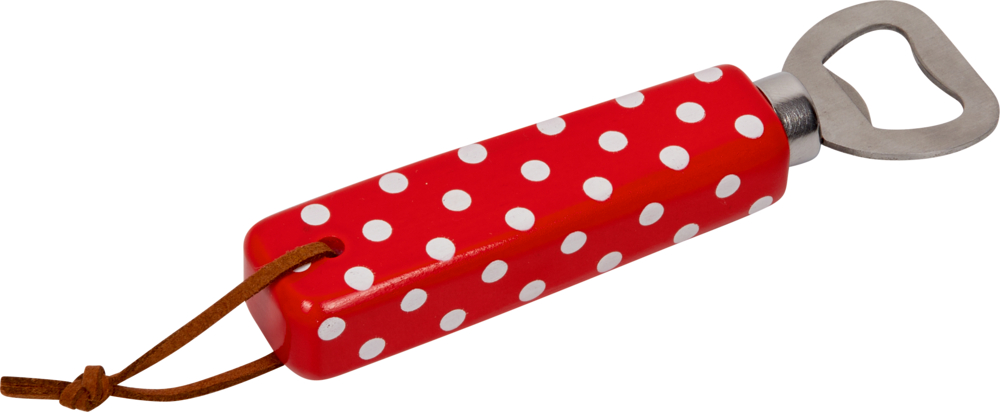 Roter Flaschenöffner mit weißen Punkten, Metallspitze und braunem Lederband am Griff.