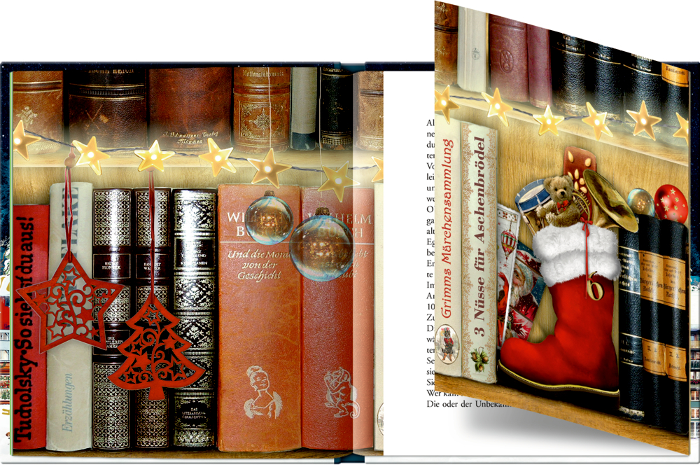 Buchseite mit einem Bücherregal mit Weihnachtsschmuck, Sternen und einem Teddybären in einem Weihnachtsmannstiefel neben Weihnachtsdekorationen.