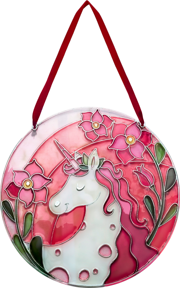 Runde Hängedekoration mit Einhornmotiv, rosa Blüten und Aufhängebändchen.