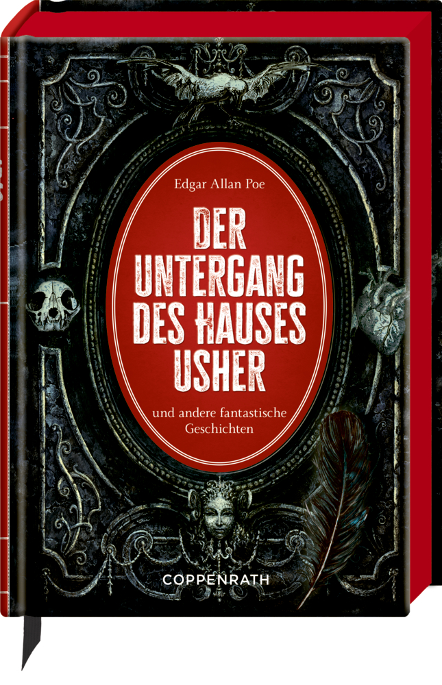 Buchcover mit gotischen Motiven, Totenköpfen, Feder und mit dem Titel: Der Untergang des Hauses Usher.