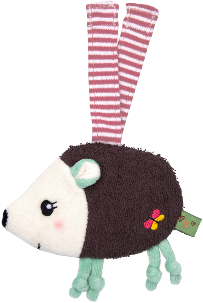 Weiches Knistertuch in Igel-Form mit braun-weißer Oberfläche, mintfarbenen Beinen und Ohren sowie rosa-weiß gestreiften Befestigungsschlaufen.