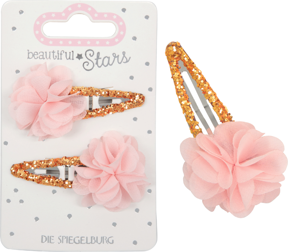 Zwei goldene Glitzer-Haarspangen mit rosa Stoffblumen auf einer gepunkteten Displaykarte mit der Aufschrift „Beautiful Stars“.