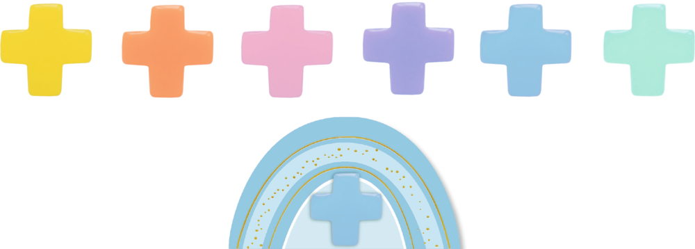 Sechs pastellfarbene Kreuze über einem blauen Regenbogen mit einem Kreuz in der Mitte.