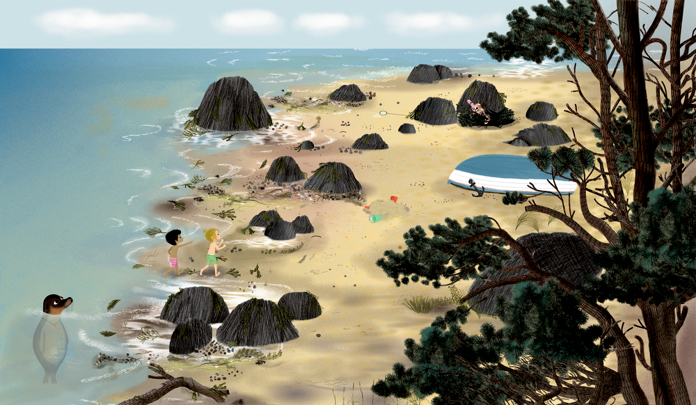 Illustration eines Strandes mit Felsen, spielenden Kindern, einem Boot, Bäumen und einem Seehund.