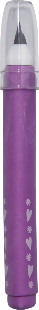 Lila endlos Bleistift mit transparenter Kappe und weißen Herz- und Blumenmotiven auf dem Schaft