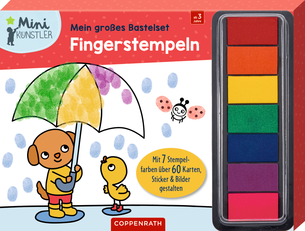 Verpackung des Fingerstempel-Sets: Hund & Ente mit bunten Stempelkissen und deutschem Text für Kinder ab 3 Jahren.
